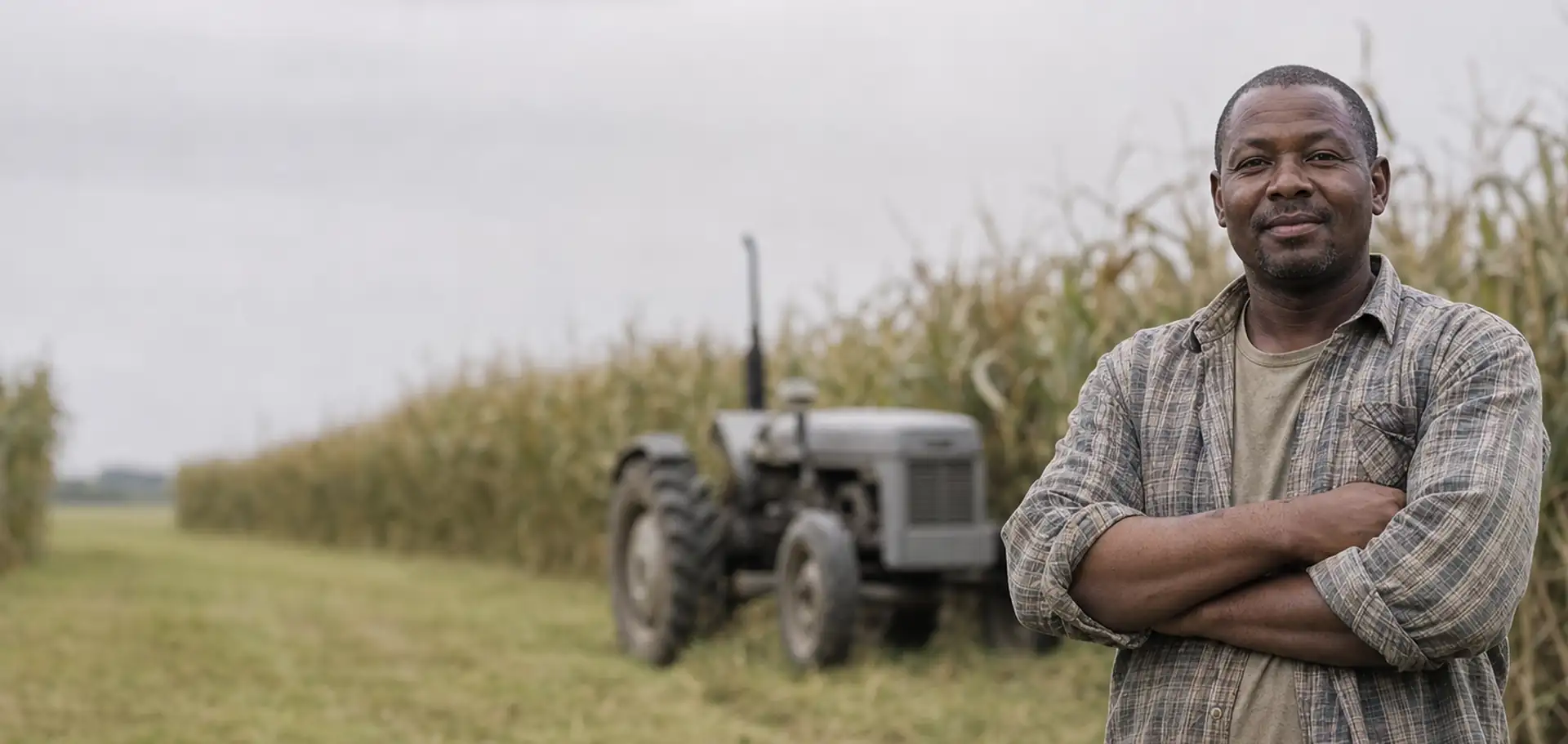 A crop farmer standing with arms folded at the edge of a maize field, a tractor parked on the headland behind him.